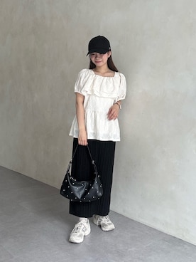 「prose verse（プロズヴェール）のレースフリルカットペプラムトップス（Tシャツ/カットソー、ホワイト系）」を使った、まりんさん（レディース・148cm）の春コーディネート