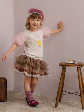 「panpantutu（パンパンチュチュ）の【くらはしれい】ふんわりチュールスリーブトップス（Tシャツ/カットソー、ピンク系）」を使った、panpantutu盛岡店さん（キッズ・100cm）の秋コーディネート