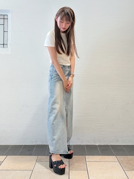 「ESPERANZA（エスペランサ）の【ラク盛り/約12㎝】ラク盛り厚底サンダル（サンダル、ブラック系）」を使った、suzuha14さん（レディース）の夏コーディネート