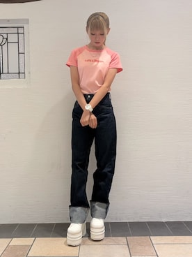 「ESPERANZA（エスペランサ）の超厚底ボリュームスニーカー（スニーカー、ホワイト系）」を使った、suzuha14さん（レディース）の秋コーディネート