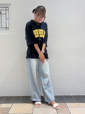 「ESPERANZA（エスペランサ）のシフォンラメギャザーサンダル（サンダル、ホワイト系）」を使った、suzuha14さん（レディース）の夏コーディネート