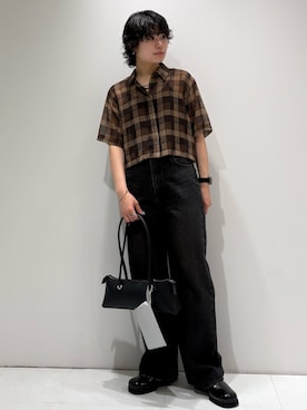 「SENSE OF PLACE by URBAN RESEARCH(センスオブプレイスバイアーバンリサーチ)のシアーチェックシャツ(5分袖)(シャツ/ブラウス、ブラウン系)」を使った、aikaさん(レディース・162cm)の夏コーディネート