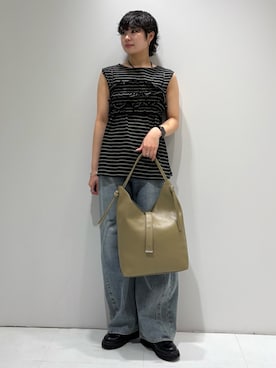 「SENSE OF PLACE by URBAN RESEARCH（センスオブプレイスバイアーバンリサーチ）のボーダーカットビスチェセット（Tシャツ/カットソー、ブラック系）」を使った、aikaさん（レディース・162cm）の春コーディネート