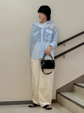 「SENSE OF PLACE by URBAN RESEARCH(センスオブプレイスバイアーバンリサーチ)のシアーフーディシャツ(シャツ/ブラウス、ブルー系)」を使った、aikaさん(レディース・162cm)の夏コーディネート