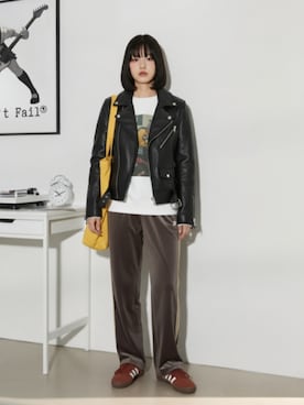 「アイテム（ライダースジャケット）」を使った、lucyinrecordさん（レディース・161cm）の秋コーディネート