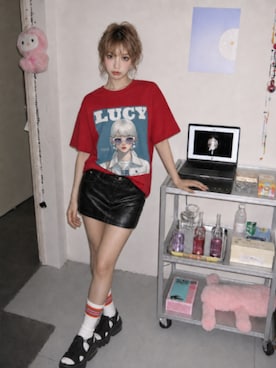 「LUCY IN RECORDのLUCY IN RECORD - White Light White HeatTシャツ（Tシャツ/カットソー、レッド系）」を使った、lucyinrecordさん（レディース・161cm）の夏コーディネート