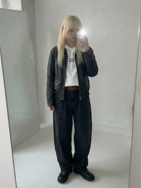 「古着のアイテム（ライダースジャケット、ブラック系）」を使った、lucyinrecordさん（レディース・161cm）の春コーディネート