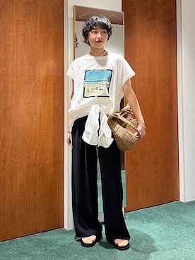 「BARNYARDSTORM（バンヤードストーム）の【別注】LIFE PICTURE COLLECTION / BEACH フォトT【布施さえさんYouTube紹介アイテム】（Tシャツ/カットソー、ホワイト系）」を使った、byyamaguchiさん（レディース）の夏コーディネート