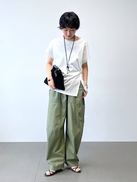 「BARNYARDSTORM（バンヤードストーム）のBARNYARDSTORM / ブラウスライクドレーププルオーバー / 接触冷感【Oggiコラボ】（Tシャツ/カットソー、ホワイト系）」を使った、byyamaguchiさん（レディース）の夏コーディネート