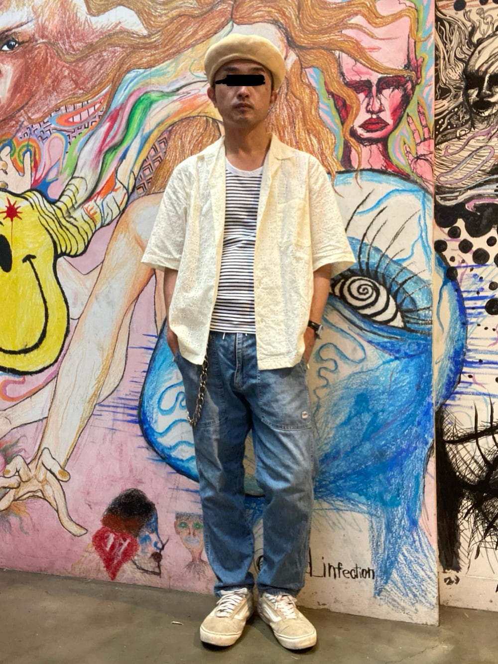 「夏コーデ、お出かけコーデ、休日スタイル、GU、ベレー帽、シャツスタイル、シャツ、タンクトップ、ボーダー、ウォレットチェーン、デニム、デニムパンツ、スニーカー、オールドスクール、シンプルコーデ」｜「不明のアイテム（ハンチング/ベレー帽、ベージュ系）」を使った、タニさんさん（メンズ・169cm）の秋コーディネートの1枚目の写真