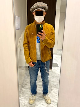 「アイテム（ライダースジャケット、オレンジ系）」を使った、タニさんさん（メンズ・169cm）の秋コーディネート