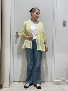 「GLOBAL WORK（グローバルワーク）のGOODデニムイージーパンツ/COOL/636569（デニムパンツ、ブルー系）」を使った、まるこさん（レディース・156cm）の春コーディネート