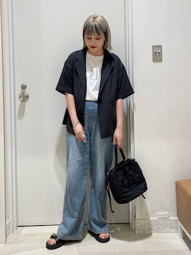 「GLOBAL WORK（グローバルワーク）のリッチクリーンプリントT半袖/147640（Tシャツ/カットソー）」を使った、まるこさん（レディース・156cm・30代）の夏コーディネート