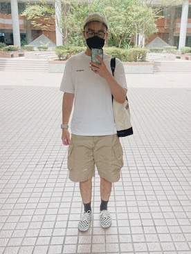 「plain-me（プレインミー）のアイテム（カーゴパンツ）」を使った、綠の少年さん（メンズ・175cm）の夏コーディネート