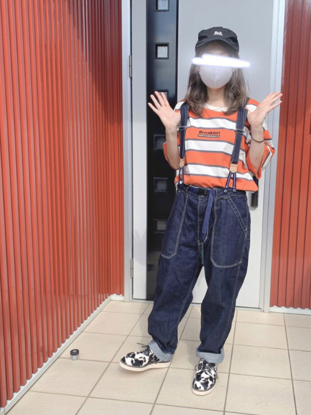 R3827 フレンチワークサスペンダーパンツを使った人気ファッション