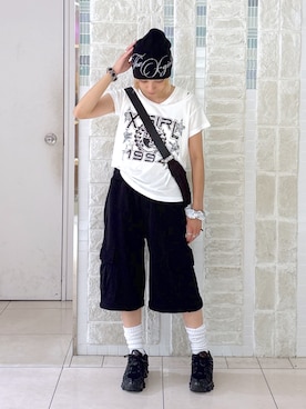 「X-girl（エックスガール）のアイテム」を使った、吉井紗彩さん（レディース・155cm）の夏コーディネート
