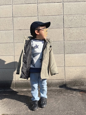 「BOBSON（ボブソン）のアイテム（スウェット）」を使った、chiroruさん（キッズ・90cm）の冬コーディネート