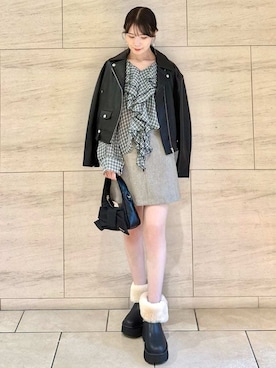 「アイテム（ライダースジャケット）」を使った、FRAY I.Dさん（レディース・158cm）の秋コーディネート