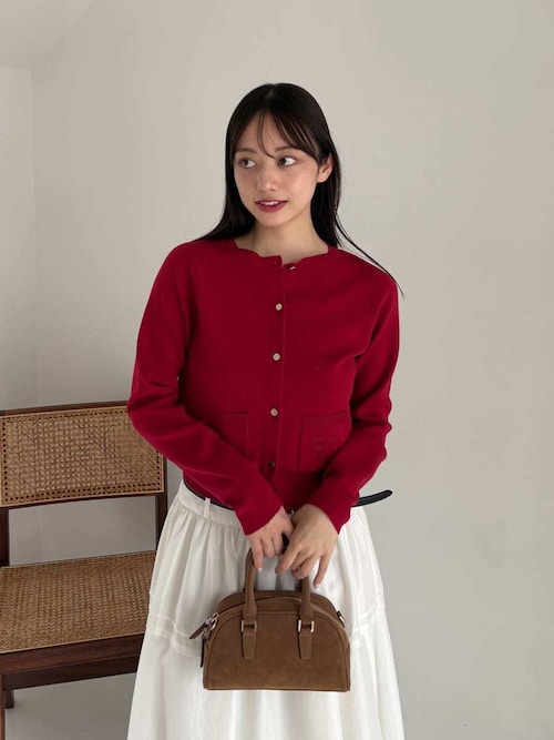 ロゴ刺繍ポケットクルーネックカーディガン／ウォッシャブル