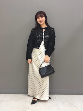 「SENSE OF PLACE by URBAN RESEARCH（センスオブプレイスバイアーバンリサーチ）の『洗濯可』レースアミエリツキニットカーディガン（カーディガン/ボレロ、ブラック系）」を使った、りなてぃさん（レディース・154cm）の春コーディネート