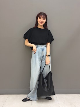 「SENSE OF PLACE by URBAN RESEARCH(センスオブプレイスバイアーバンリサーチ)の撥水コクーンカットトップ(Tシャツ/カットソー、ブラック系)」を使った、りなてぃさん(レディース・154cm)の夏コーディネート