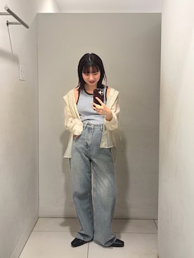 「SENSE OF PLACE by URBAN RESEARCH(センスオブプレイスバイアーバンリサーチ)のシアーフーディシャツ(シャツ/ブラウス、イエロー系)」を使った、りなてぃさん(レディース・154cm)の夏コーディネート