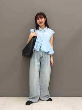 「SENSE OF PLACE by URBAN RESEARCH(センスオブプレイスバイアーバンリサーチ)の『イージーケア』フレンチスリーブバルーンシャツ(シャツ/ブラウス、ブルー系)」を使った、りなてぃさん(レディース・154cm)の夏コーディネート