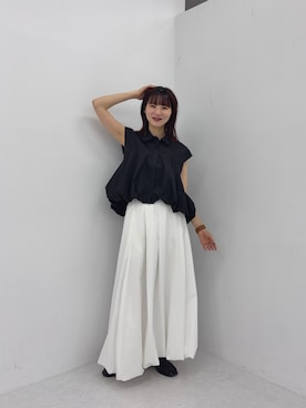 「SENSE OF PLACE by URBAN RESEARCH(センスオブプレイスバイアーバンリサーチ)の『イージーケア』フレンチスリーブバルーンシャツ(シャツ/ブラウス、ブラック系)」を使った、りなてぃさん(レディース・154cm)の夏コーディネート
