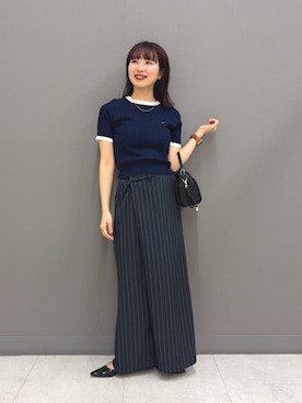 「SENSE OF PLACE by URBAN RESEARCH（センスオブプレイスバイアーバンリサーチ）の『洗濯可』バイカラーケーブルセーター（ニット/セーター、ブルー系）」を使った、りなてぃさん（レディース・154cm）の春コーディネート