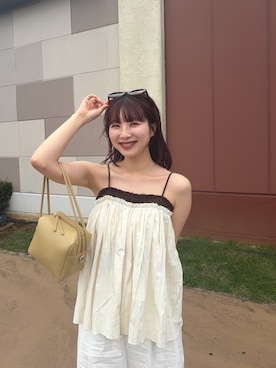 「KBF(ケイビーエフ)のバイカラークリンクルビスチェ(その他トップス、ホワイト系)」を使った、りなてぃさん(レディース・154cm)の夏コーディネート