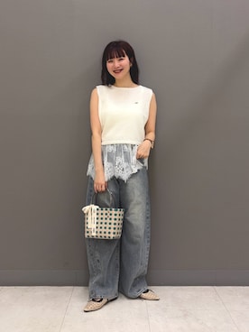 「SENSE OF PLACE by URBAN RESEARCH(センスオブプレイスバイアーバンリサーチ)の『洗濯可』リネンタッチクロップドセーター(ニット/セーター、ホワイト系)」を使った、りなてぃさん(レディース・154cm)の夏コーディネート
