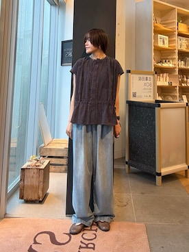 「かぐれ（カグレ）のドットプリントフレンチギャザーブラウス（シャツ/ブラウス、ブラック系）」を使った、moeさん（レディース・159cm）の夏コーディネート