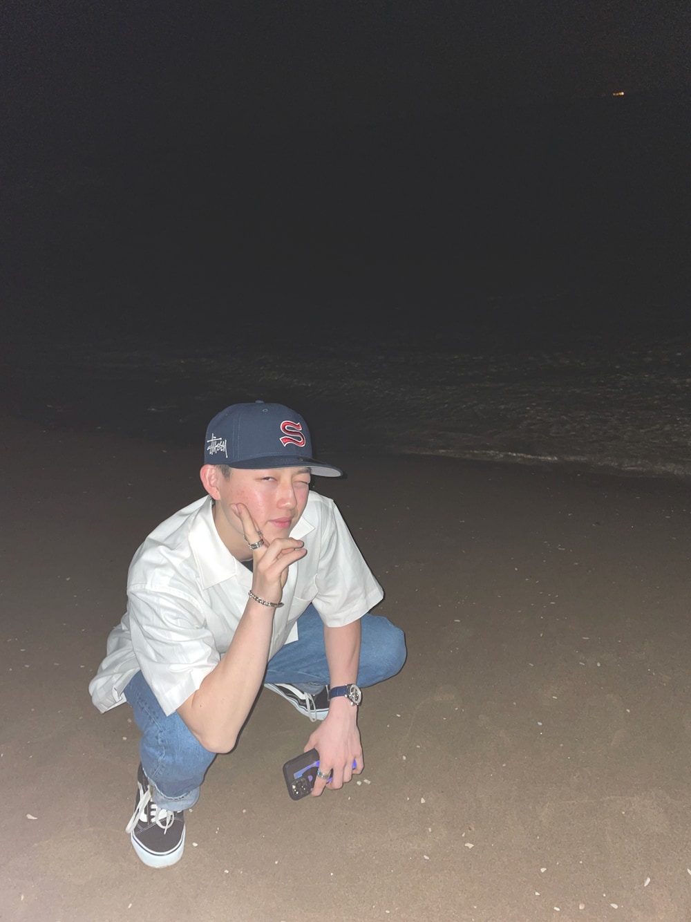 「夏コーデ、キューバシャツ、おしゃれさんと繋がりたい、海コーデ」｜「STUSSYのEmblem New Era Cap（キャップ、ブルー系）」を使った、uminchu_0907さん（メンズ・163cm）の夏コーディネートの1枚目の写真