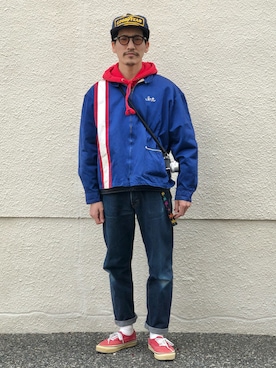 「レーシングジャケット」｜「アイテム（デニムパンツ）」を使った、164164さん（メンズ・170cm）の春コーディネート