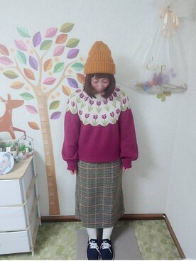 「MERLOT（メルロー）のチューリップニット（ニット/セーター）」を使った、ユーリさん（レディース・152cm）の秋コーディネート