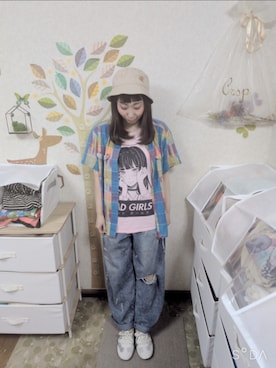 「古着のアイテム（シャツ/ブラウス、ブルー系）」を使った、ユーリさん（レディース・152cm）の夏コーディネート