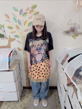 「古着のアイテム（Tシャツ/カットソー、ブラック系）」を使った、ユーリさん（レディース・152cm）の夏コーディネート