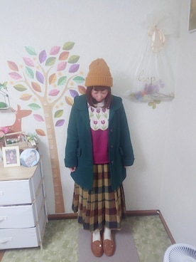 「MERLOT（メルロー）のチューリップニット（ニット/セーター）」を使った、ユーリさん（レディース・152cm）の冬コーディネート