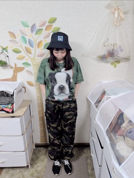 「古着のアイテム（Tシャツ/カットソー、グリーン系）」を使った、ユーリさん（レディース・152cm）の夏コーディネート