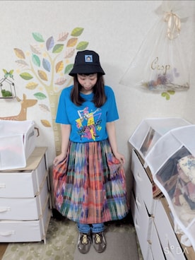 「古着のアイテム（Tシャツ/カットソー、ブルー系）」を使った、ユーリさん（レディース・152cm）の夏コーディネート