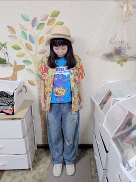 「古着のアイテム（Tシャツ/カットソー、ブルー系）」を使った、ユーリさん（レディース・152cm）の夏コーディネート