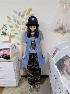 「古着のアイテム（その他トップス、ブルー系）」を使った、ユーリさん（レディース・152cm）の夏コーディネート