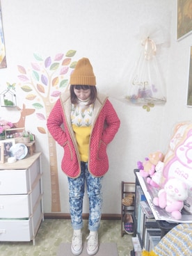 「MERLOT（メルロー）のチューリップニット（ニット/セーター）」を使った、ユーリさん（レディース・152cm）の冬コーディネート