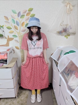 「古着のアイテム（スカート、レッド系）」を使った、ユーリさん（レディース・152cm）の春コーディネート