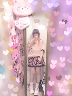「cecileのアイテム（ニット/セーター、ピンク系）」を使った、りりり0625さん（レディース・163cm）の春コーディネート