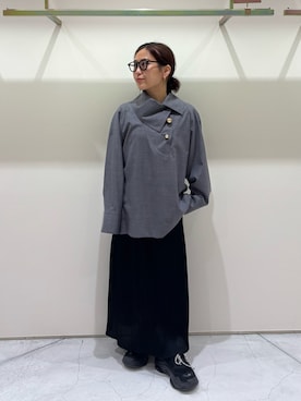 「HARUNOBUMURATA（ハルノブムラタ）の【HARUNOBUMURATA/ハルノブムラタ】OVELIA/ハイネックブラウス（シャツ/ブラウス、グレー系）」を使った、THE TOKYO WOMENSさん（レディース・156cm）の夏コーディネート