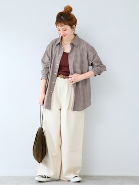 「B.C STOCK（ベーセーストック）のMODERN CHECK SHIRTS（シャツ/ブラウス、イエロー系）」を使った、 Kanakoさん（レディース・163cm）の秋コーディネート