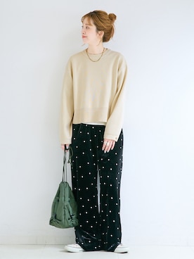 「B.C STOCK（ベーセーストック）の手洗い可 / ベロアドット刺繍パンツ（その他パンツ、ブラック系）」を使った、 Kanakoさん（レディース・163cm）の秋コーディネート