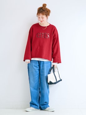 「B.C STOCK（ベーセーストック）の手洗い可 / スパンコール刺繍プルオーバー（スウェット、レッド系）」を使った、 Kanakoさん（レディース・163cm）の秋コーディネート