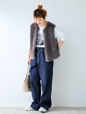 「B.C STOCK（ベーセーストック）のFUR VEST（ベスト、グレー系）」を使った、 Kanakoさん（レディース・163cm）の秋コーディネート
